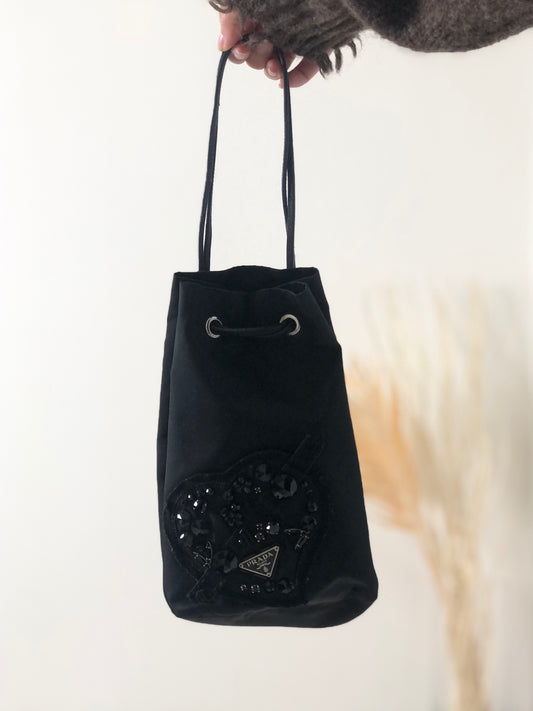 PRADA Evening Heart Nylon Drawstring Small bag Black Vintage nrf7b5