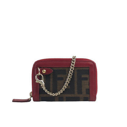 FENDI Zucca Logo Chain Leather Coin Purse Pink×Brown Vintage h7tarh