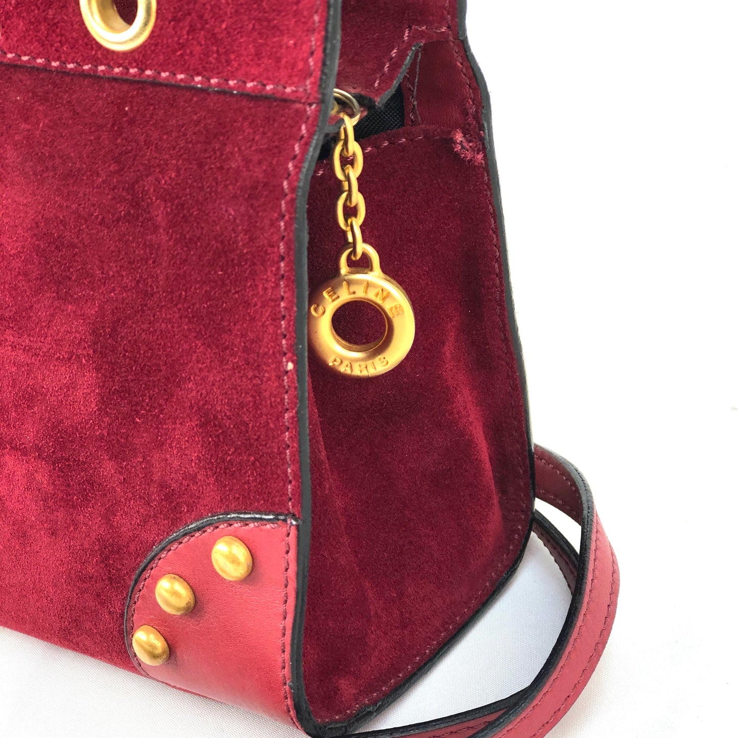 CELINE studs mini bag 2way square suede leather shoulder bag handbag wine red vintage zp7fsi