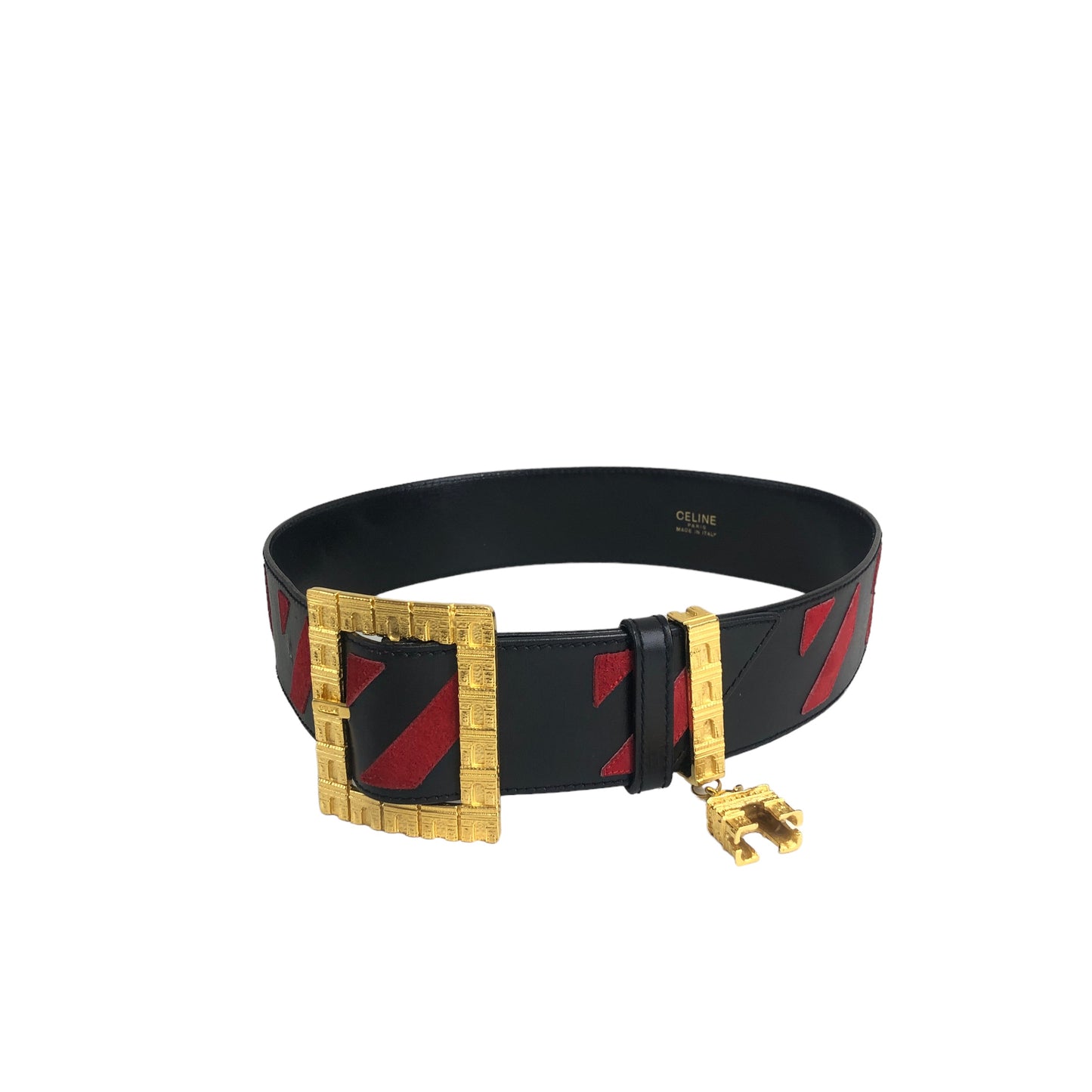 CELINE Arc de Triomphe Leather Belt Black Red Vintage infs5j