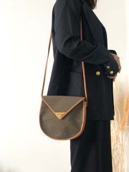 Yves Saint Laurent YSL Logo Round Shoulder bag Brown Vintage 4swhva