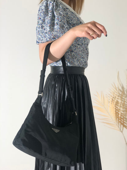 PRADA Triangle Logo Nylon Shoulder bag Hobobag Black Vintage bbyjfb