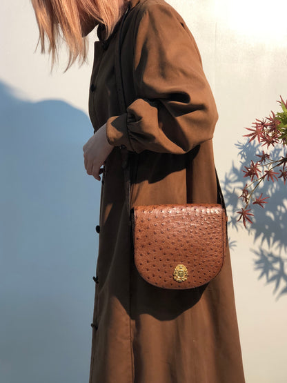 CELINE Triomphe Blason Emblem 鴕鳥皮斜背包單肩包棕色復古 ncpap7 