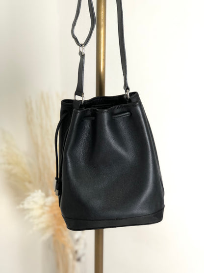 CELINE 標誌皮革抽繩肩背包黑色復古 ny8ngc 