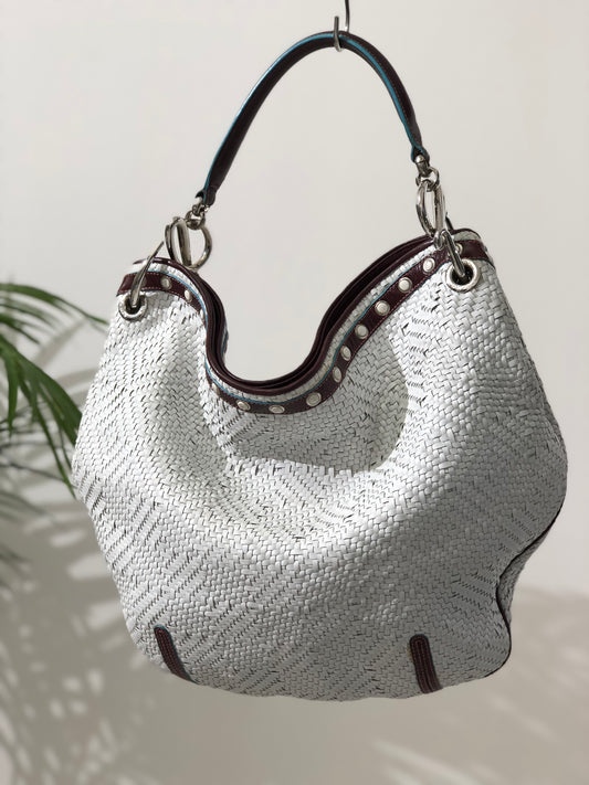 LOEWE Basket Weave Leather Handbag Hobobag White Vintage dzah7u