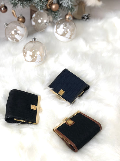 Christian Dior Trotter 標誌金屬扣提花皮革零皮夾黑色復古 wd4fgy 
