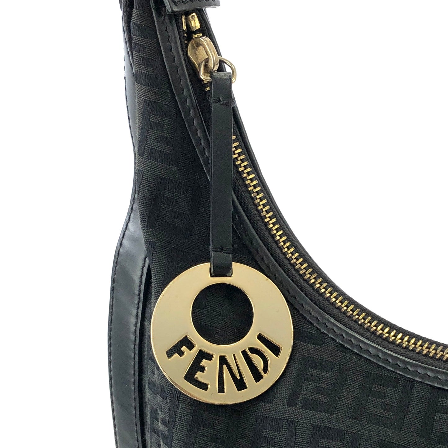 FENDI Zucchino Logo Motif Charm Canvas Leather Shoulder bag Hobobag Black Vintage h3utdy