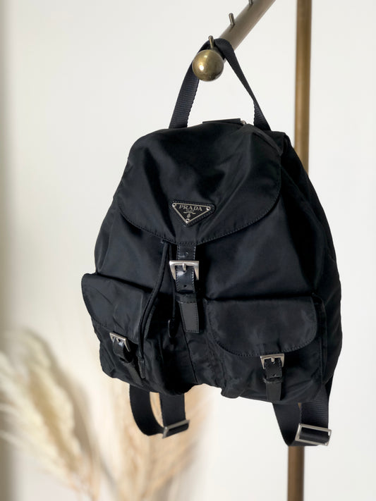 PRADA Triangle Logo Double Pocket Nylon Leather Backpack Black Vintage mkjw48