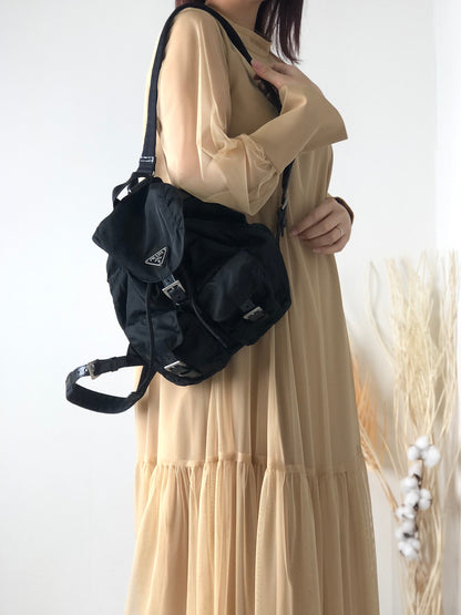 PRADA Triangle Logo Front Buckle Nylon Backpack Black Vintage f87c8s