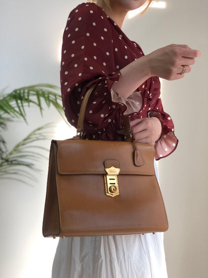 PRADA Metal Closure Leather Handbag Camel Vintage hktpxe