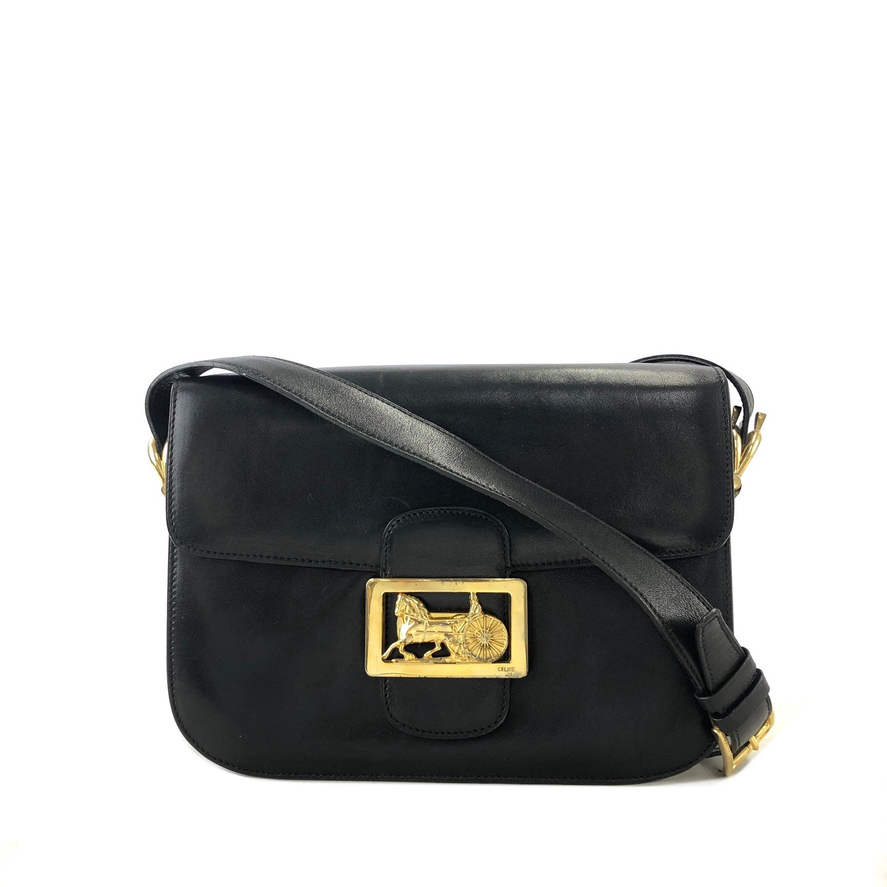 CELINE Horse Carriage Leather Shoulder bag Black Vintage