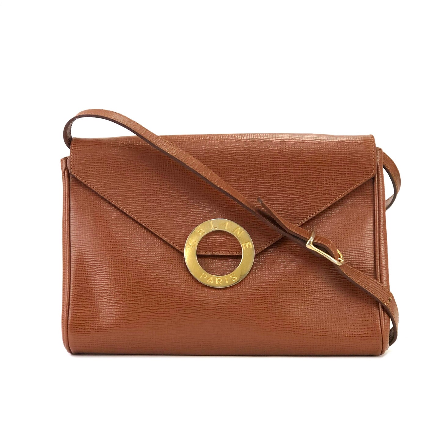 CELINE Circle Logo Logo Motif Embossed Emblem Circle Embossed Leather Crossbody Shoulder bag Brown Vintage mdtttc