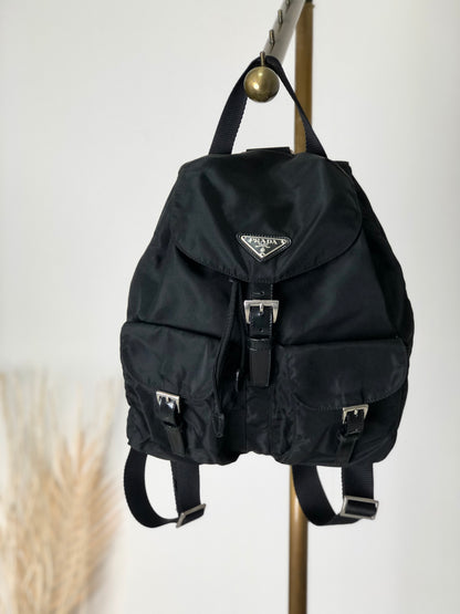 PRADA Triangle Logo Double Pocket Nylon Leather Backpack Black Vintage mkjw48