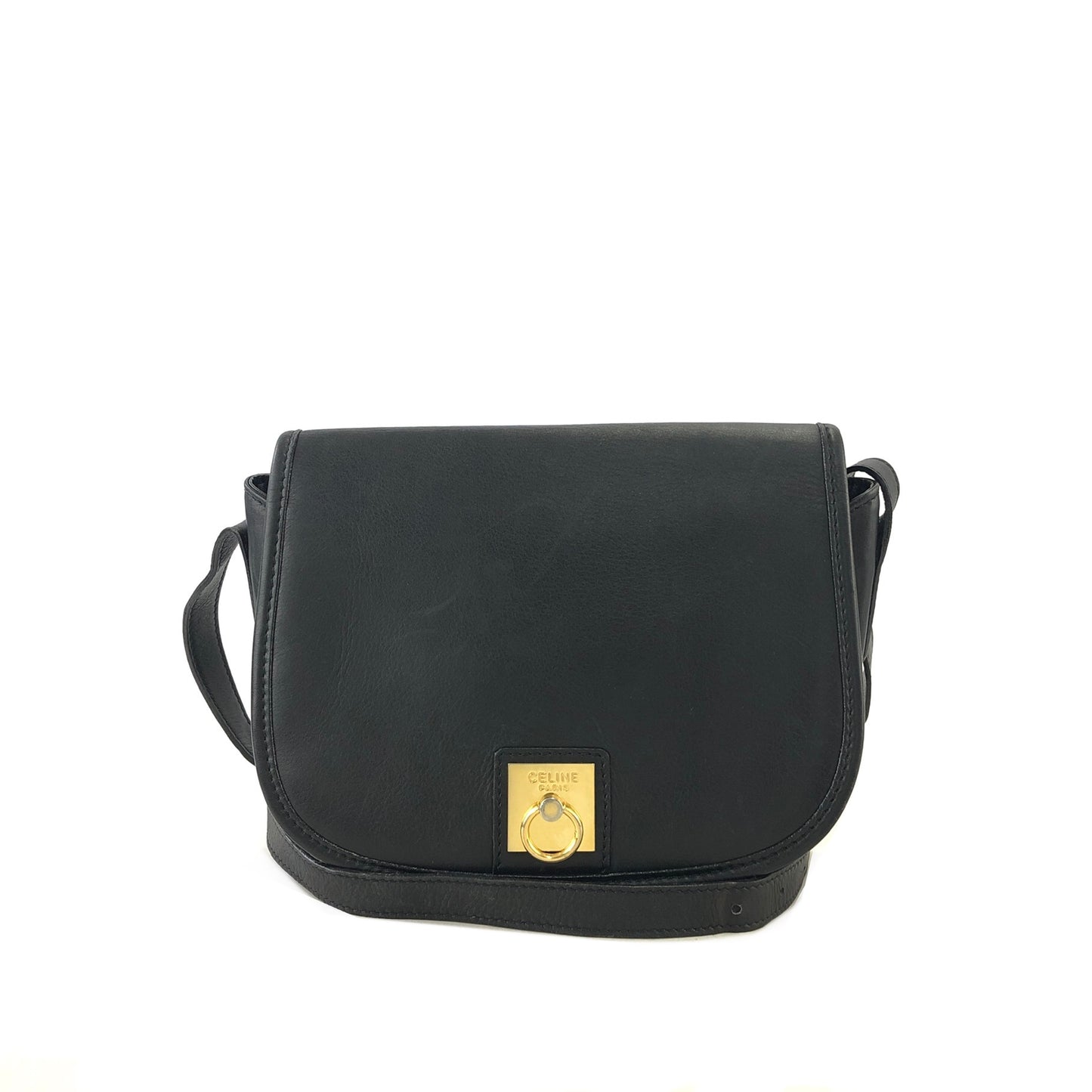 CELINE Gancini Flap Leather Shoulder bag Black Vintage 8na8ex