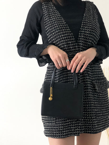 CELINE Starball 凱旋門吊飾皮革手提包黑色復古 3hfzux 