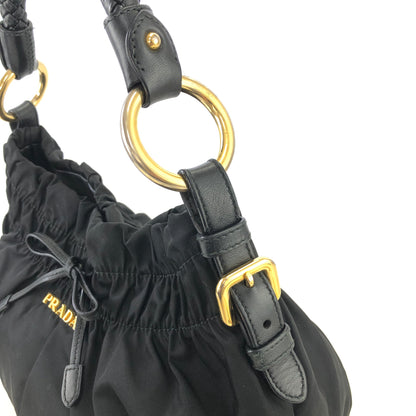 PRADA Logo Nylon Leather Shirring Handbag Black Vintage xwztuy