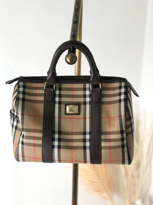 BURBERRY Classic Check Logo Canvas Leather Handbag Boston bag Brown Vintage 7nif54