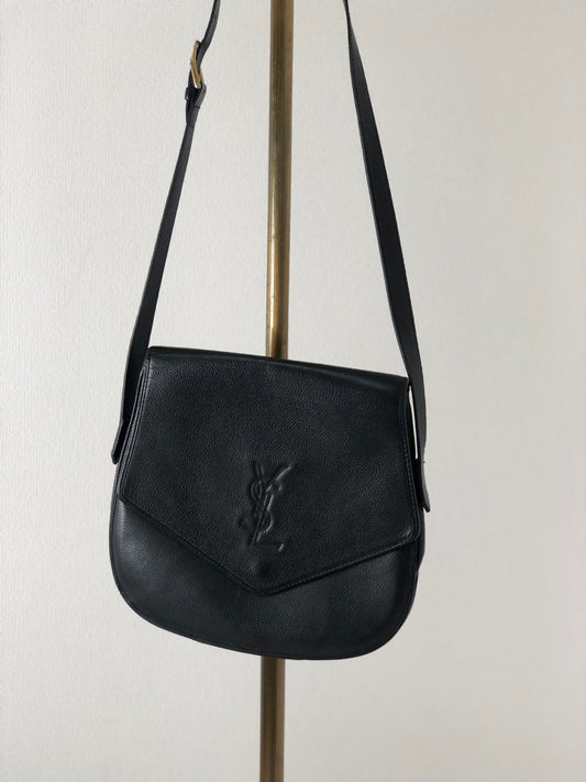 Yves Saint Laurent YSL Logo Stitch Leather Shoulder bag Black Vintage  njbegc