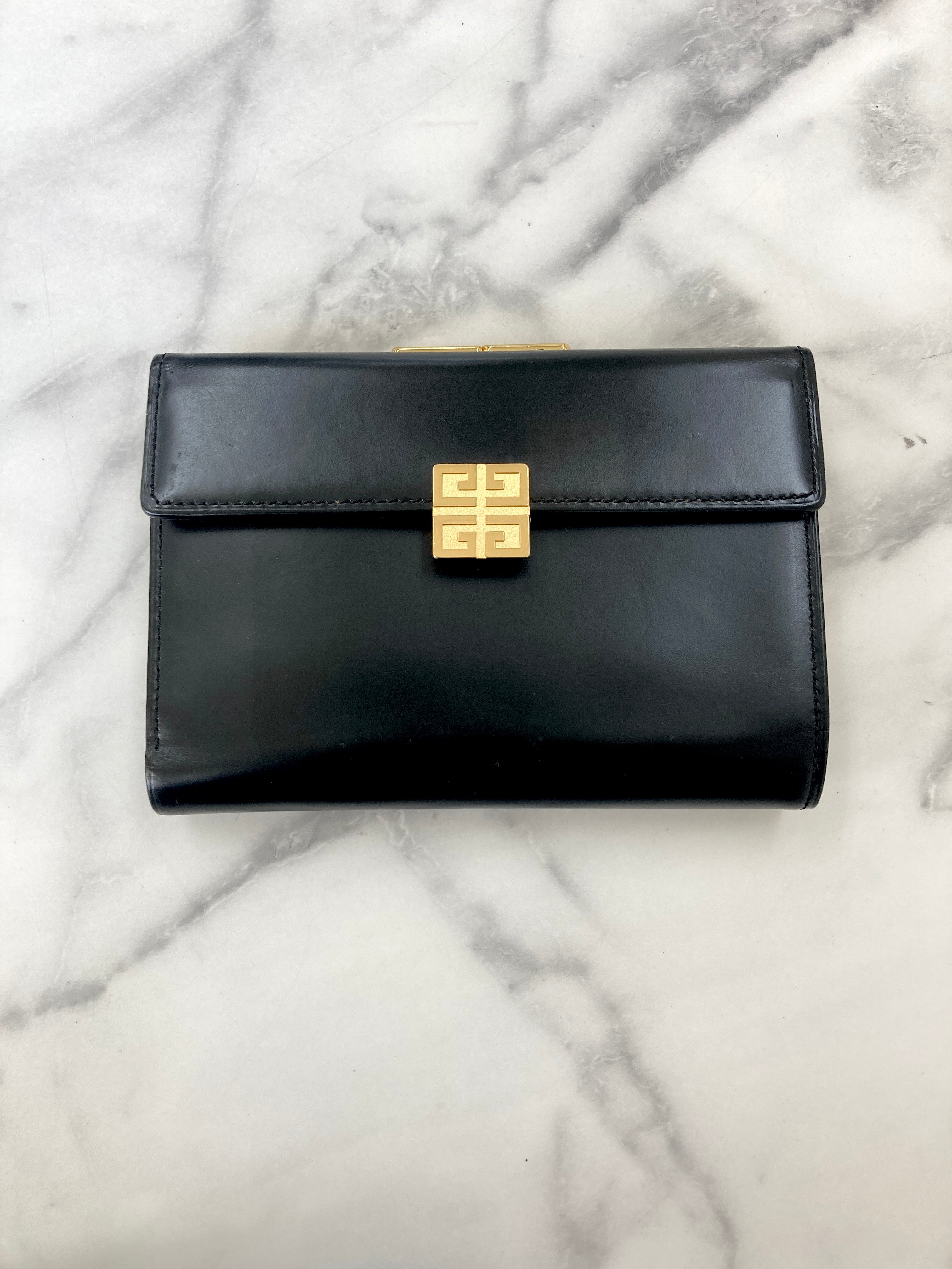 GIVENCHY Logo Leather Metal Clasp Folded Wallet Black Vintage