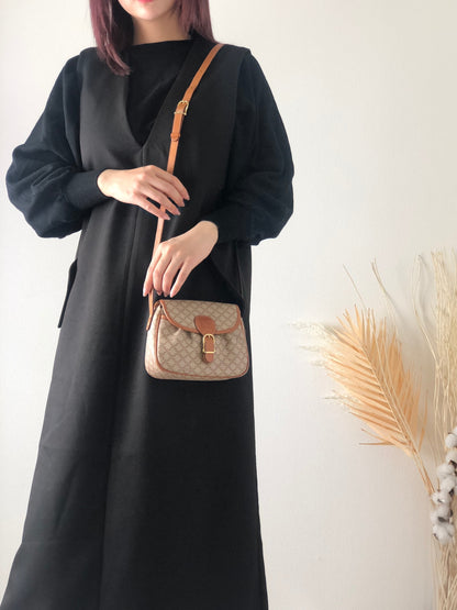 CELINE Macadam Front Buckle Flap Small Shoulder bag Crossbody Beige Vintage wbbars