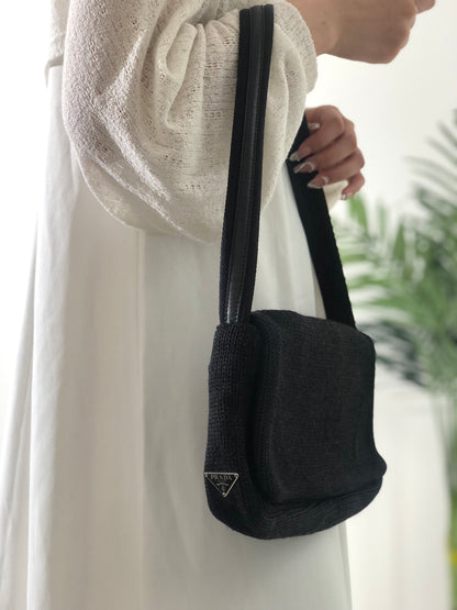 PRADA Triangle Logo Knit Shoulder bag Hobobag Black Vintage bdfyh6