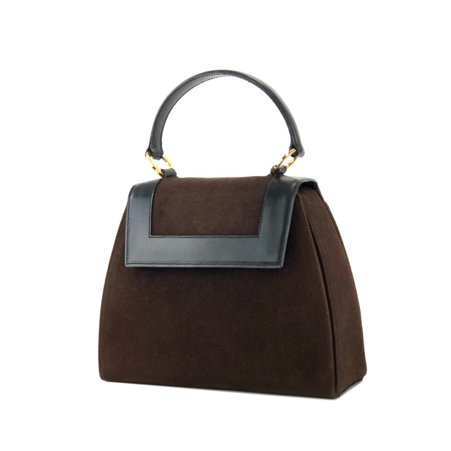 CELINE Circle Logo  Suede Leather Two-way Handbag Shoulder bag Brown Black Vintage vxyndh