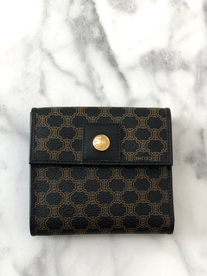 CELINE Macadam Leather Trifold Wallet Black Vintage 8jsi32