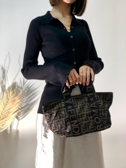 FENDI Zucca Logo Motif Jacquard Handbag Brown Vintage bczppj