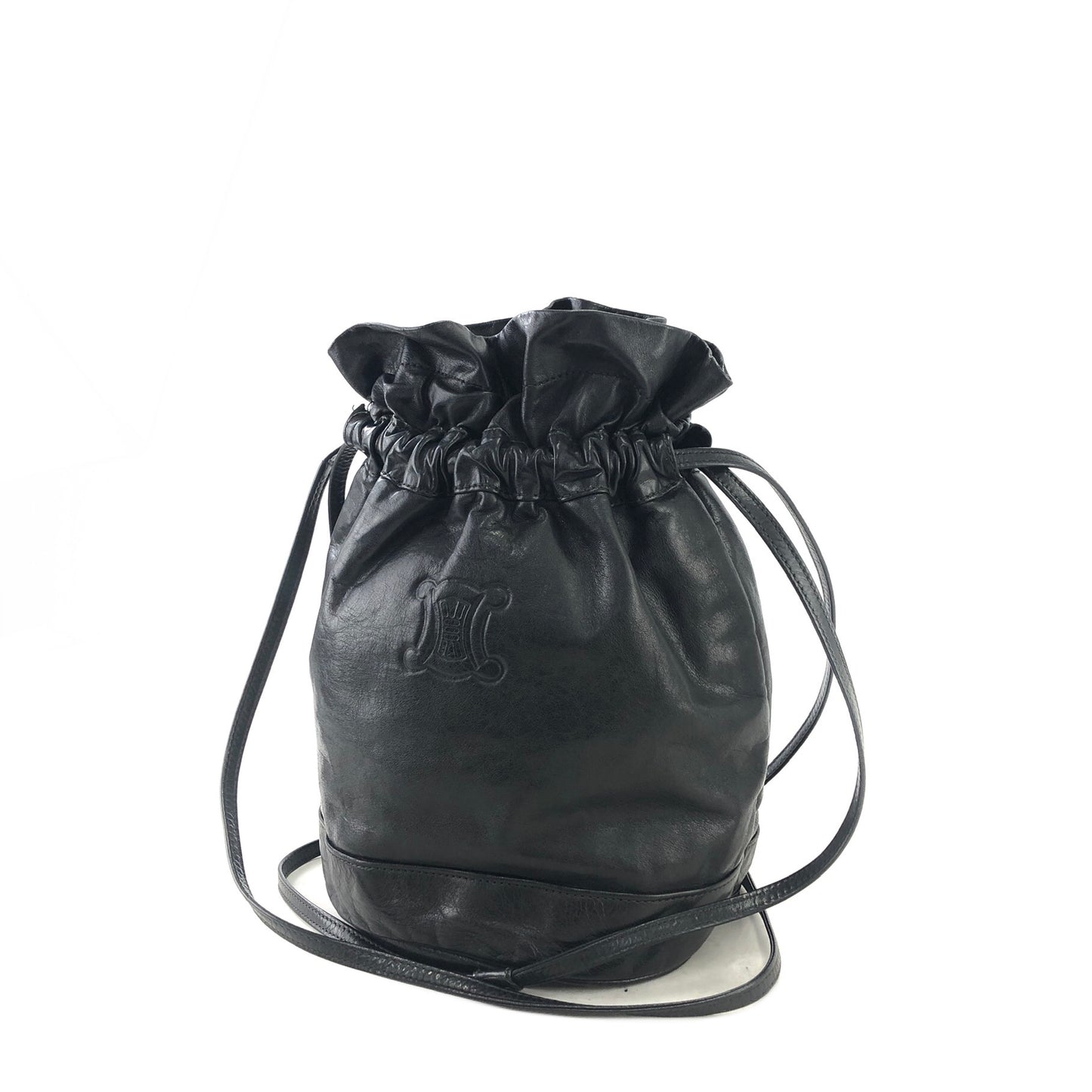 CELINE Blason Logo Motif Embossed Leather Drawstring  Shoulder bag Black Vintage s2mnrf