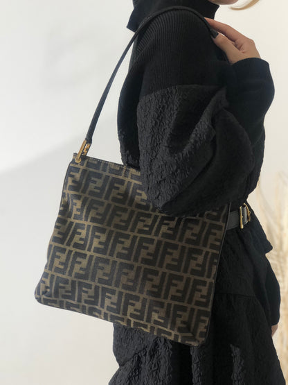 FENDI Zucca Jacquard Leather Shoulder bag Brown Vintage nxiyf3