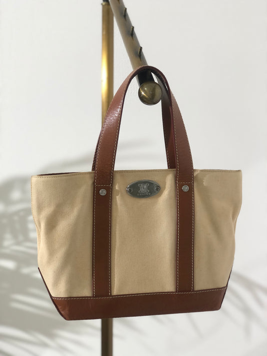 CELINE Blason Canvas Leather Handbag Totebag Beige Vintage ykeumx