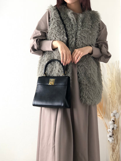 CELINE Gancini Leather Two-way Top Handle Handbag Shoulder bag Black Vintage ick73z