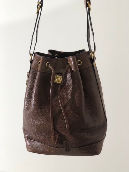 CELINE Gancini Leather Drawstring Shoulder bag Brown Vintage ex2exg