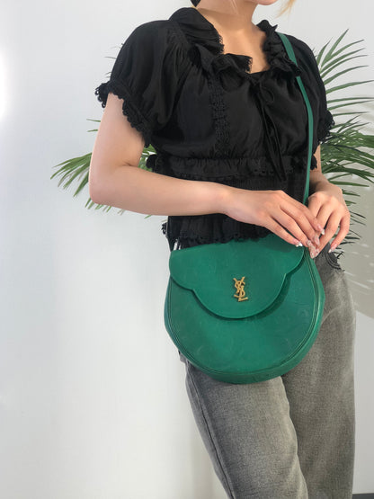 Yves Saint Laurent YSL Embossed Leather Crossbody Round Shoulder bag Green Vintage x7hcn4