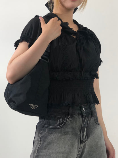 PRADA Triangle Logo Nylon Leather Hobobag Shoulder bag Black Vintage un6hfw