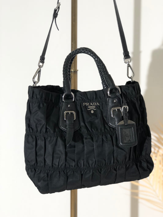 PRADA Logo Motif shirring Nylon Two-way Handbag Shoulder bag Black Vintage vbrtdm
