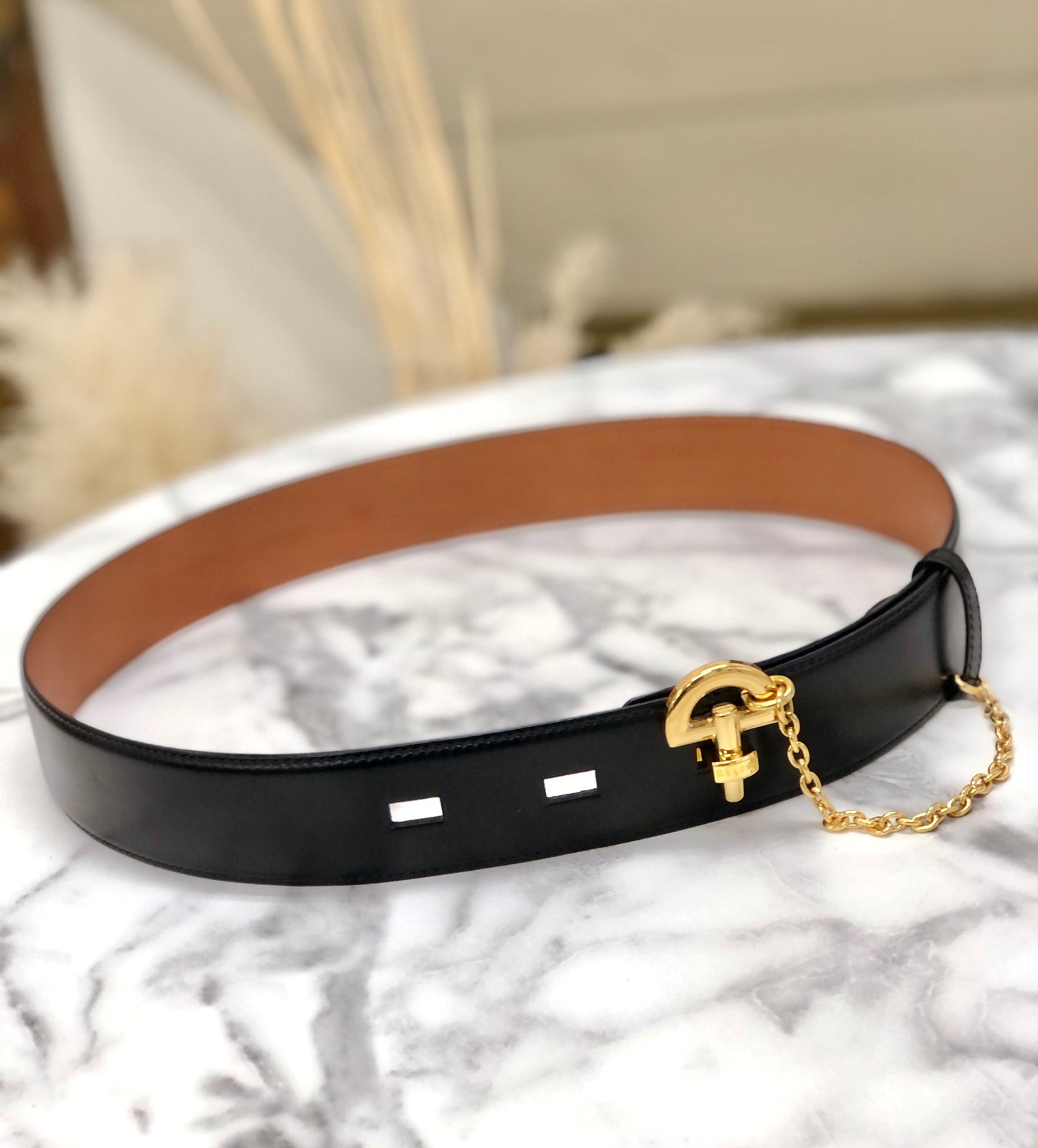 CELINE Horse Bit Chain Leather Belt Black Vintage uytb44