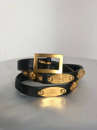 CHANEL Coco Mark Iconic Logo Motifs Leather Belt Black Gold Vintage 6u7wte