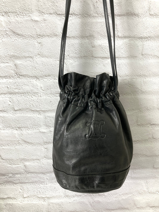 CELINE Blason Logo Motif Embossed Leather Drawstring  Shoulder bag Black Vintage s2mnrf