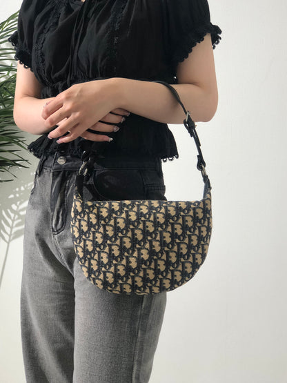 Christian Dior Trotter Jacquard Leather Shoulder bag Hobobag Navy Vintage wte43h