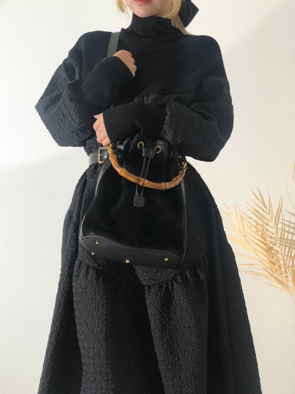 GUCCI Bamboo Handle Suede Two-way Drawstring Handbag Shoulder bag Black Vintage z3v3su