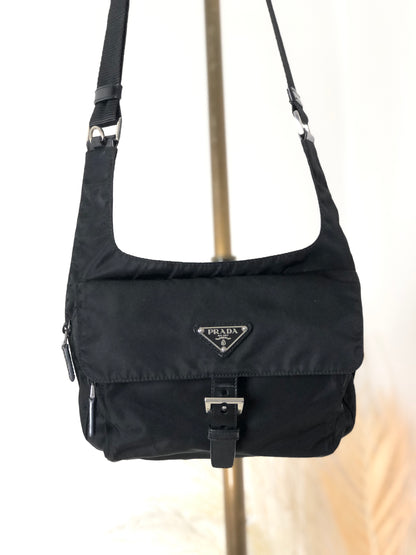 PRADA Triangle Logo Front Buckle Nylon Leather Shoulder bag Black Vintage sudtyj