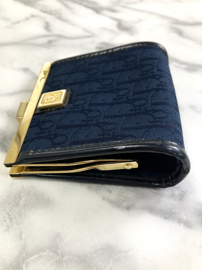 Christian Dior Trotter Logo Jacquard Leather Metal Clasp Coin Purse Navy Vintage pjbgby