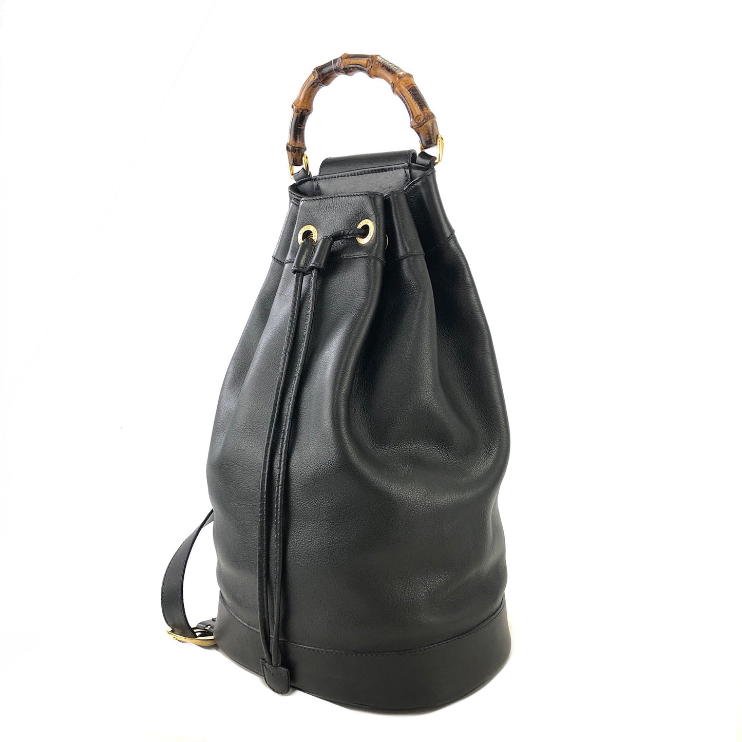 GUCCI Bamboo Leather Drawstring One Shoulder bag Sling Bag Black Vintage vs7u5a