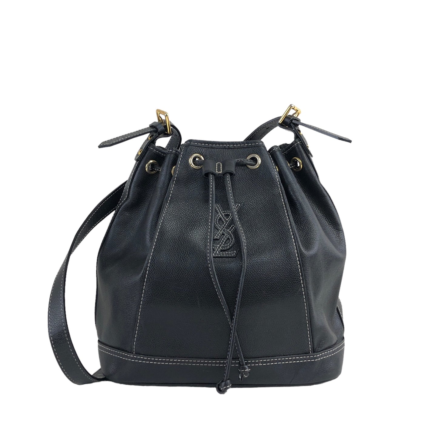 Yves Saint Laurent YSL Stitch Leather Drawstring Shoulder bag Black Vintage p3dh3i