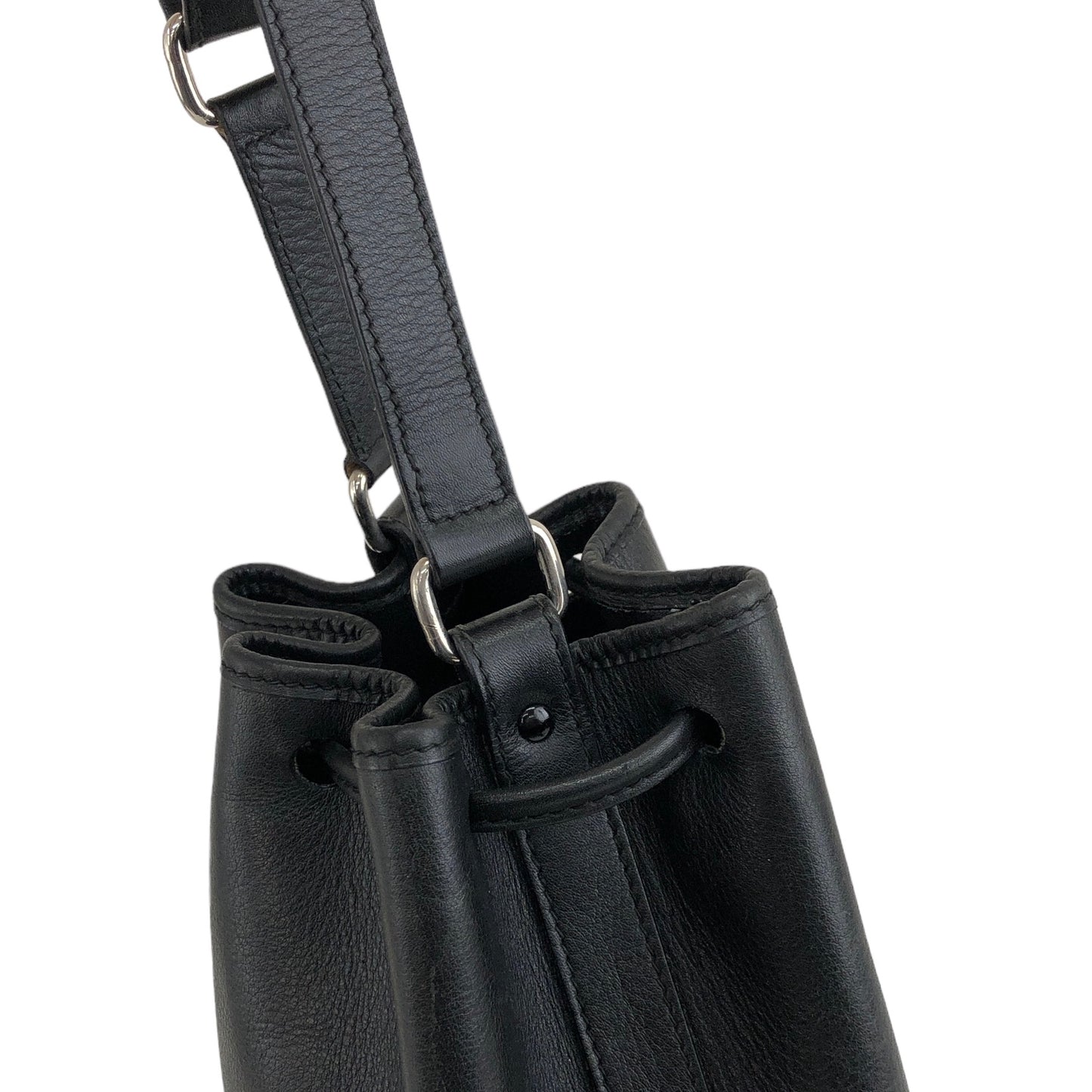 CELINE Logo Leather Drawstring Shoulder bag Black Vintage ny8ngc