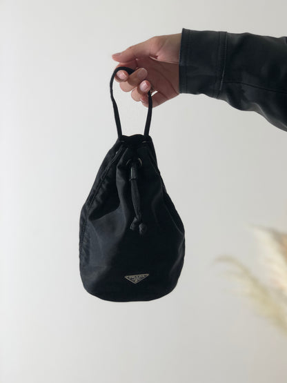 PRADA Triangle Logo Nylon Drawstring Smallbag Handbag Black Vintage imrxv2