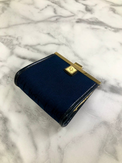 Christian Dior Trotter Logo Jacquard Leather Metal Clasp Coin Purse Navy Vintage pjbgby