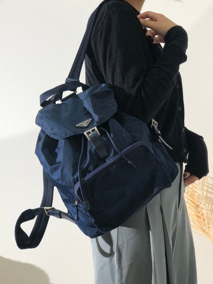 PRADA Triangle Logo Nylon Leather Backpack Navy Vintage 8jeijv