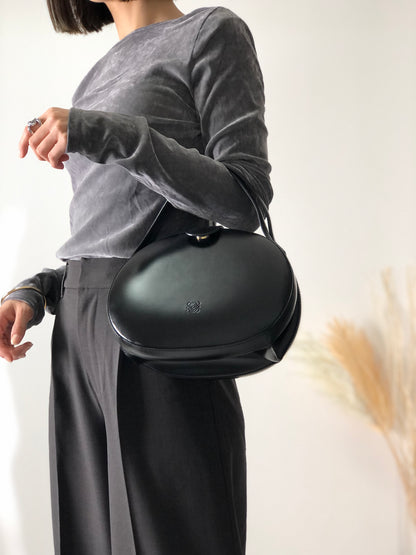 LOEWE Anagram Leather Round Handbag Shoulder bag Black Vintage buyi2b